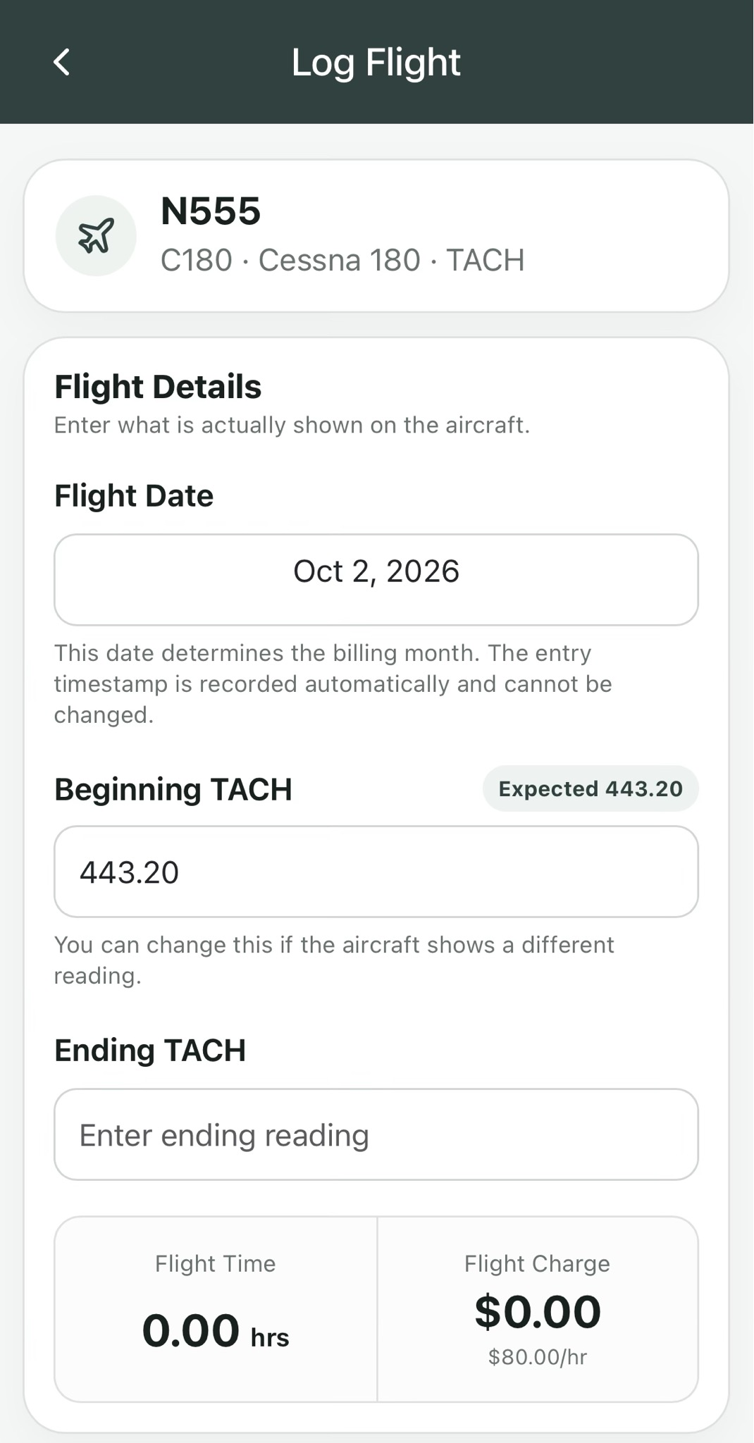 ClearTurn Connect flight logging screen